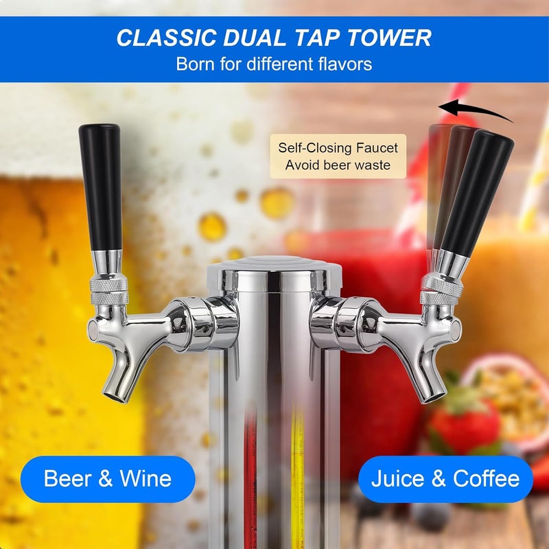 MRbrew Kegerator Tower Beer Tap Tower Dispenser Dual Faucet Beer Tower Draft Beer Dispenser Stainless Steel Keg Tap Tower 3'' Keg Tower Pre-assembled Line Beer Faucet Dispenser Kit For Home, Bar,Party - Image 4